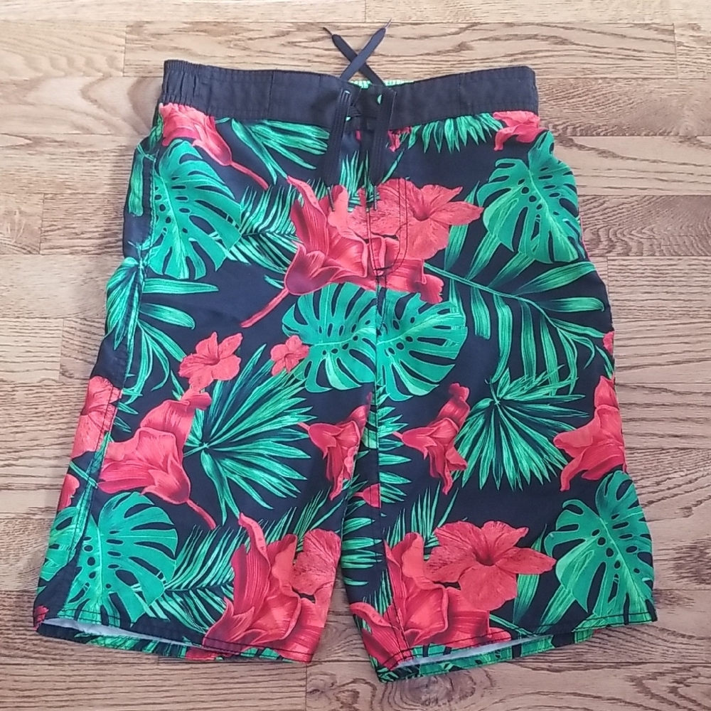 (14-16) Old Navy Tropical Palm Print Floral Colorful Vacation Beach Swim Shorts